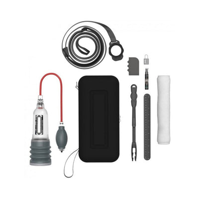 Complete Bathmate HydroXtreme 7 hydropump kit with pump, handball, hose, carrying case, cleaning tools, measuring gauge, and accessories.