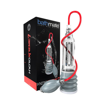 Bathmate Hydroxtreme 7 clear hydropump with red hose and gray handball pump next to black and red product box.