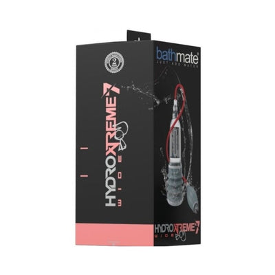 Packaging box for Bathmate Hydroxtreme 7 Clear hydropump with black and pink design and product image on front.