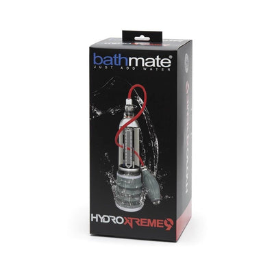 Packaging box of Bathmate HydroXtreme 9 clear hydropump with red handball pump and water splash graphic.