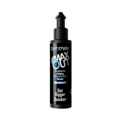 Black pump bottle of Bathmate Max Out Jelqing Enhancement Serum with blue and white text on label
