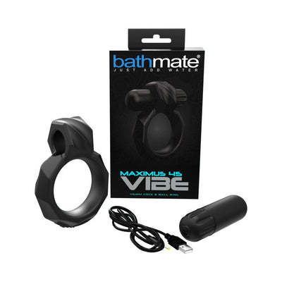 Bathmate Maximus Vibe 45 black vibrating ring with USB charging cable and packaging box on white background.