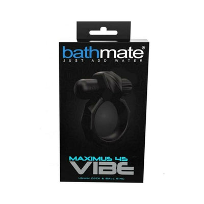 Packaging of Bathmate Maximus Vibe 45mm black vibrating cock and ball ring with removable bullet vibrator.