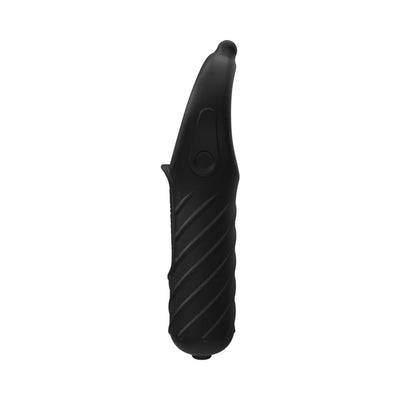 Black textured handheld vibrator with curved tip and single button control on white background.