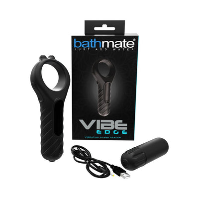 Bathmate Vibe Edge vibrating ring with USB charger and bullet vibrator next to product packaging.