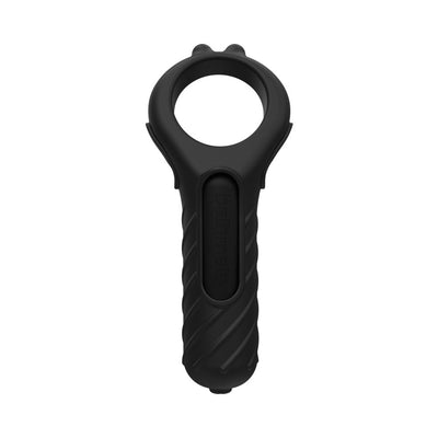 Black textured Bathmate Vibe Edge ring with integrated vibrator and ergonomic grip.
