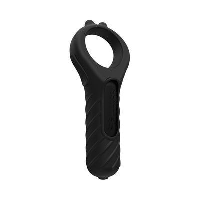 Black silicone vibrating ring with textured grip and integrated control button, designed for enhanced edging pleasure.