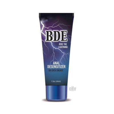 Tube of BDE Anal Desensitizer cream with lightning design and blue gradient packaging, 1.5oz size.