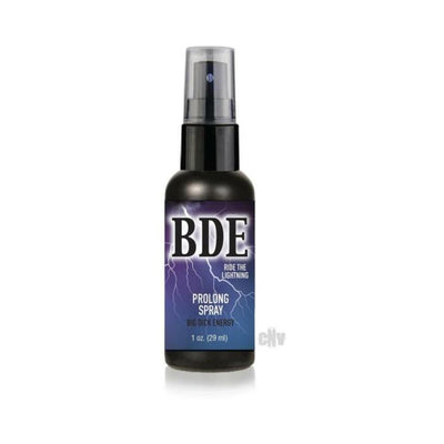 BDE Prolong Spray 1 oz bottle with black and purple lightning-themed label and clear spray cap