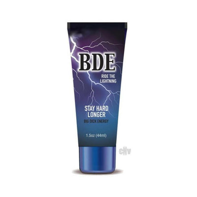 Tube of BDE Stay Hard Longer cream with lightning design and blue gradient packaging, 1.5 oz size.