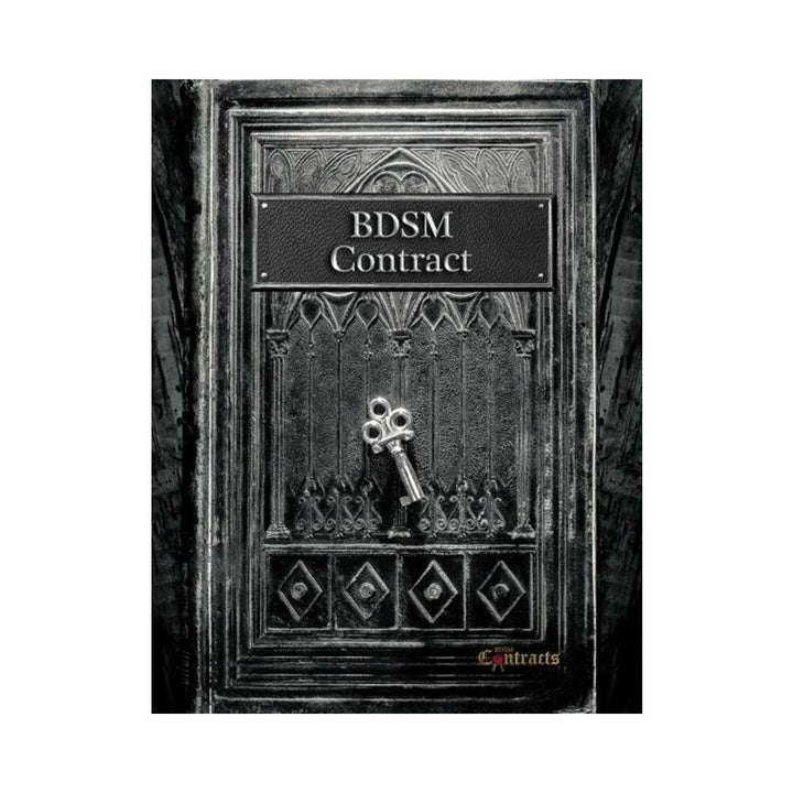 Black leather-bound BDSM contract book with embossed gothic design and a silver key on the cover.