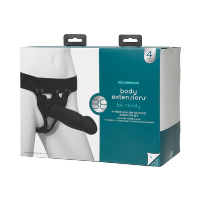 Packaging of Body Extensions Be Ready 4 Piece Strap-On Set showing harness and silicone attachments.