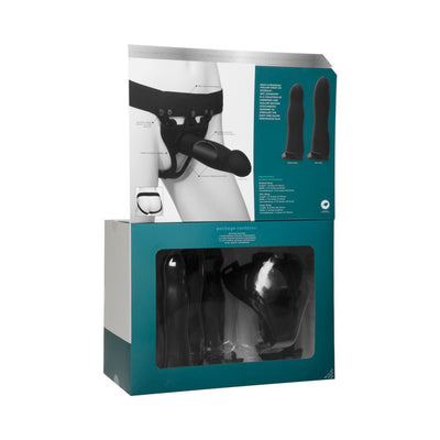 Body Extensions Be Ready 4 Piece Strap-On Set packaging showing harness and three silicone attachments in black.