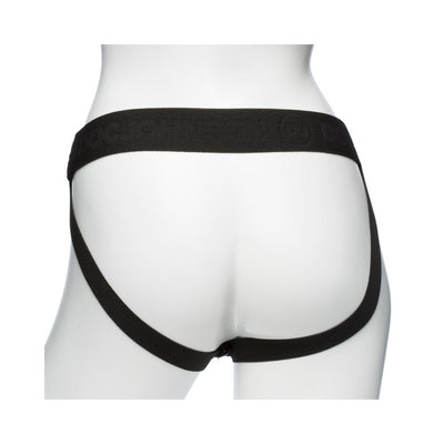 Back view of black elastic and silicone strap-on harness on mannequin hips.