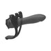 Black silicone strap-on attachment with adjustable harness frame on white background.