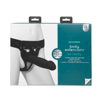 Packaging of Body Extensions Be Ready 4-piece hollow silicone strap-on set with harness and three attachments shown on mannequin.