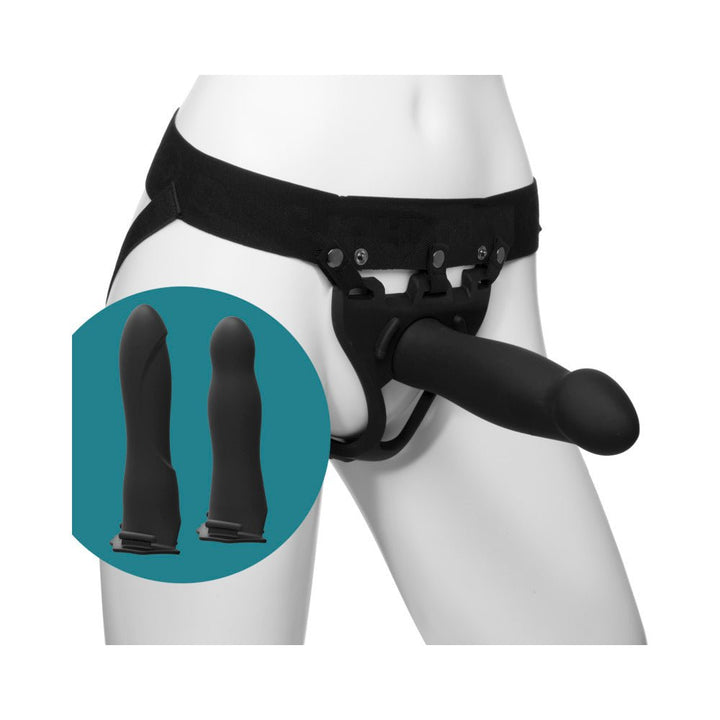 Black adjustable strap-on harness with three interchangeable silicone attachments shown on a mannequin waist.