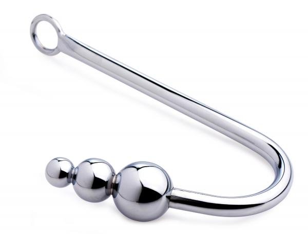 Silver stainless steel anal hook with three graduated beads and a ring handle for secure grip or attachment.