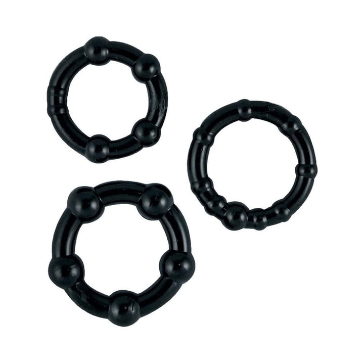 Set of three black beaded stretchy rings in varying sizes for enhanced intimate performance.