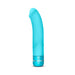 Sleek curved G-spot vibrator in bright blue with smooth silicone texture and metallic base ring.
