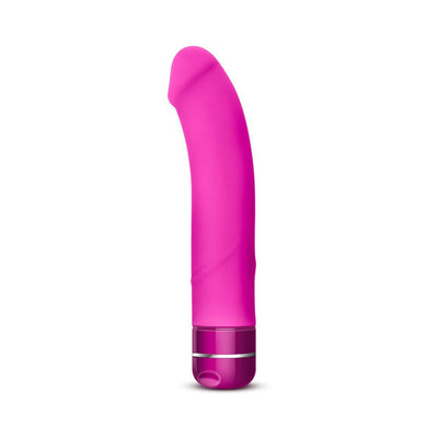 Fuchsia curved G-spot vibrator with smooth silicone texture and twist dial control at the base.