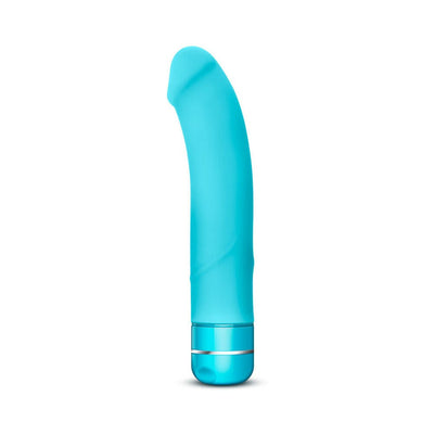Sleek blue curved vibrator with a smooth finish and metallic base, designed for targeted G-spot stimulation.