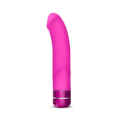 Fuchsia curved G-spot vibrator with smooth silicone texture and twist control base.
