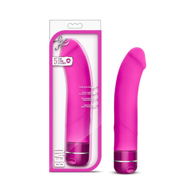 Fuchsia curved G-spot vibrator with smooth satin finish and multi-speed dial, shown in and out of packaging.