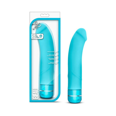 Blue silicone G-spot vibrator with curved tip and smooth satin finish, shown with packaging.