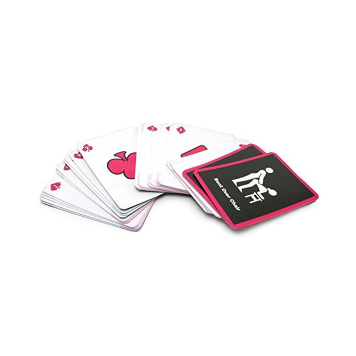 Deck of Bedroom Black Jack game cards fanned out, featuring playful icons and activity prompts on black and white cards with pink accents.