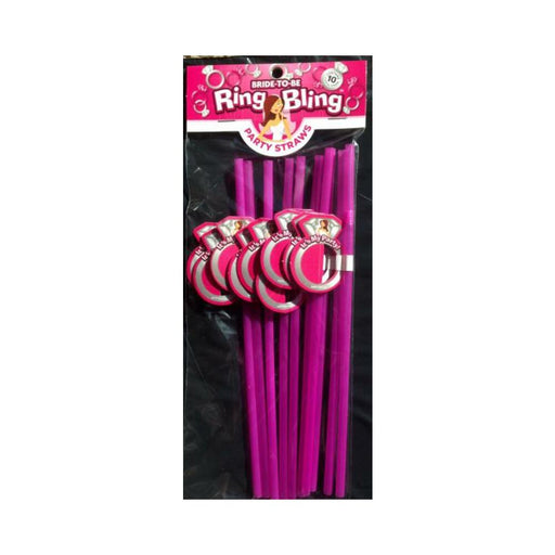Bride-to-be party straws in bright pink with ring-shaped decorations for bachelorette celebrations.