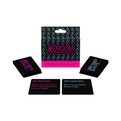 Bedroom Commands card game with two decks, Sexy Bitch and Dirty Daddy, featuring playful command cards and a black patterned box.