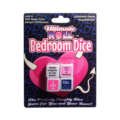 Packaging of Bedroom Dice game featuring four dice with romantic and playful actions and accessories suggestions.