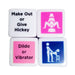 Set of four bedroom dice featuring playful text and icons for intimate activities and accessories.