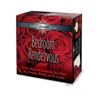 Behind Closed Doors Bedroom Rendezvous kit box with red rose petals design for romantic foreplay activities and tea candles.