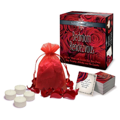 Behind Closed Doors Bedroom Rendezvous kit with red rose petals, four tea candles, and foreplay activity cards in decorative packaging.