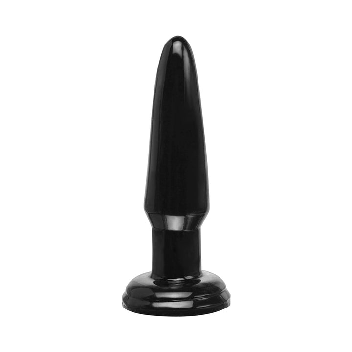 Black beginner's tapered butt plug with wide base made from smooth, body-safe jelly material.