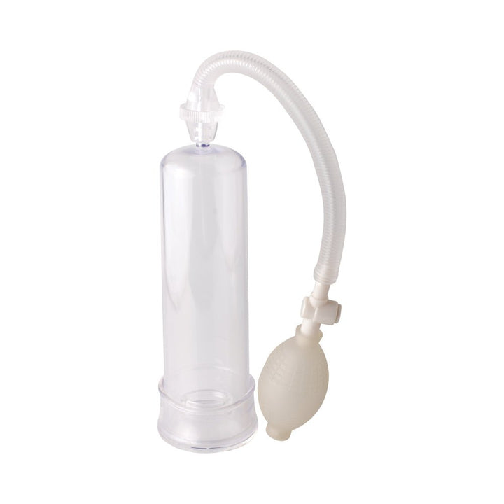Clear medical-style penis pump with flexible hose and white hand pump bulb on white background