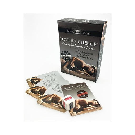 Lover's Choice game box with activity cards and a dice for couples, featuring 120 activities for him and her.