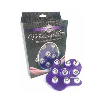 Purple rollerball massage glove with nine silver balls next to black and purple Behind Closed Doors Massage Love packaging box.