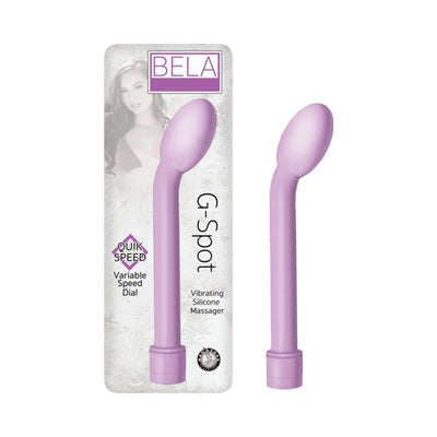 Pink silicone G-spot vibrating massager with curved tip and variable speed dial, shown with packaging.