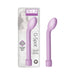 Pink silicone G-spot vibrating massager with curved tip and variable speed dial, shown with packaging.