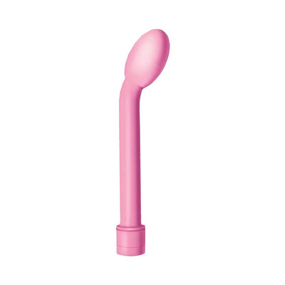 Pink silicone G-spot massager with curved head and waterproof design on white background