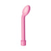 Pink silicone G-spot massager with curved head and waterproof design on white background