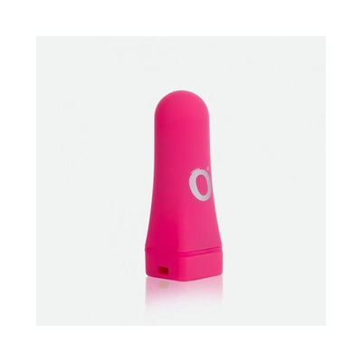 Compact pink rechargeable bullet vibrator with smooth finish and subtle logo on a white background.