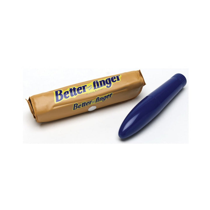 Slim navy blue finger vibrator next to gold packaging labeled Better than Any Finger massager.