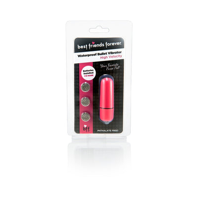 Compact pink waterproof bullet vibrator with three LR44 batteries in clear retail packaging