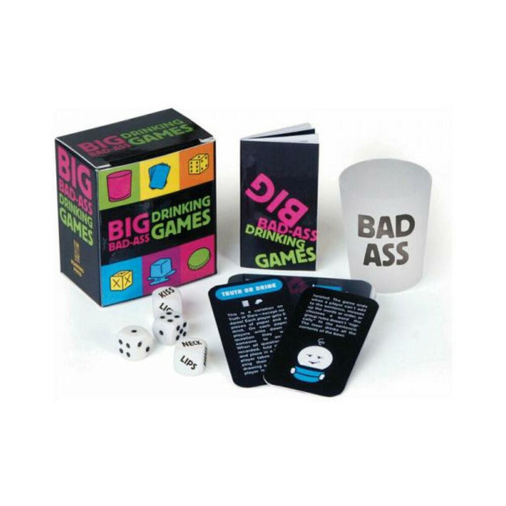 Big Bad Ass Drinking Games kit with colorful box, instruction booklet, shot glass, dice, and game cards displayed on white background.