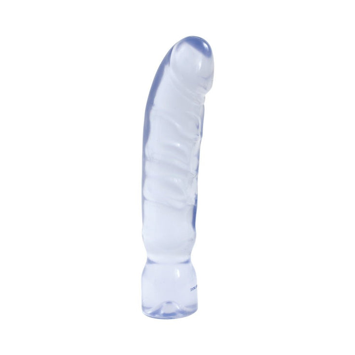 Clear flexible 12-inch realistic jelly dildo with slight curve and textured veins for enhanced stimulation.