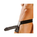 Black Big Daddy Hollow Strap-On with adjustable leather-feel harness worn on a male torso against a white background.